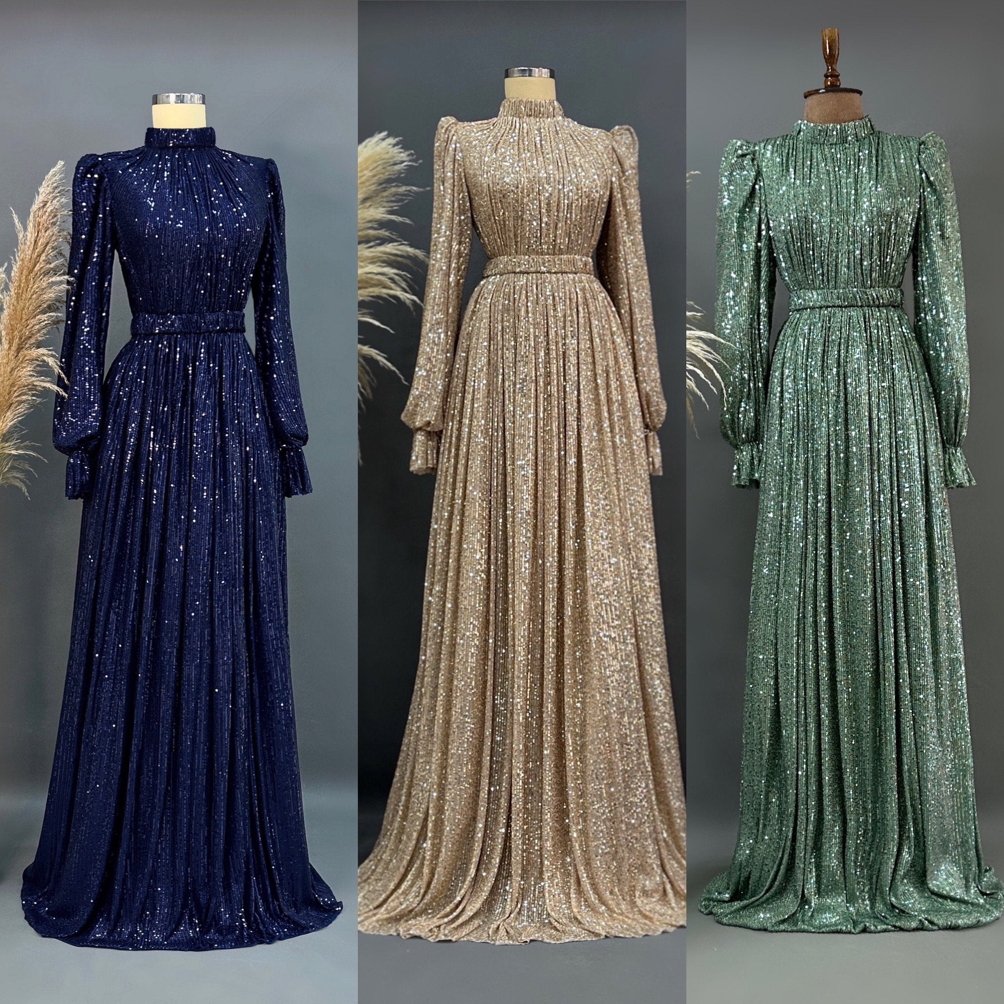 Sparkling Evening Dress Hijab Evening Dress Models Gold Color Evening Dress İslamic Evening Dresses Engagement Dress